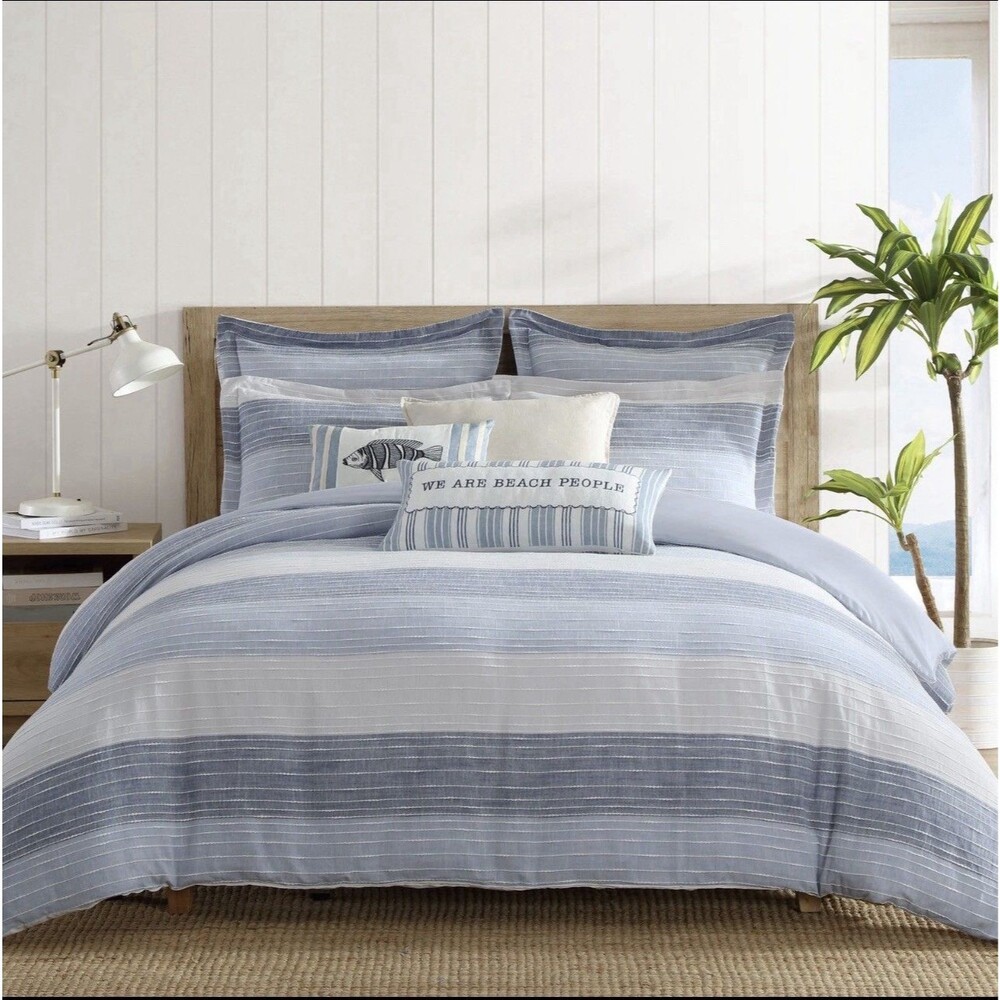 3 Piece QUEEN/FULL Sand Stripes Blue Comforter Set - Levtex Home